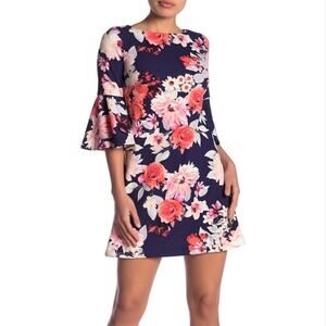 Eliza J Navy Floral Bell Sleeved Shift Dress Size 2